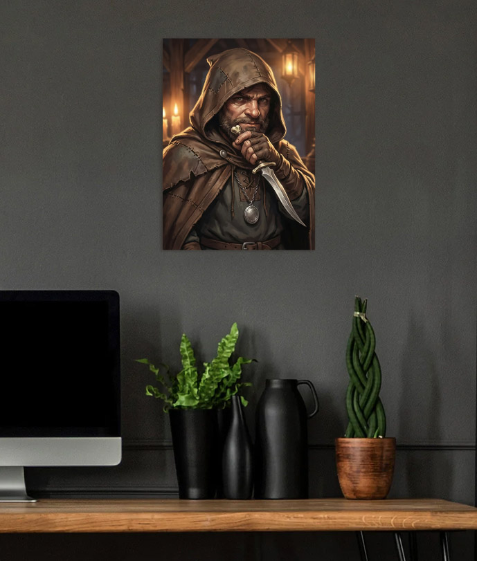 Mysterious Hooded Man with Magic — metal poster wall art by Lineer